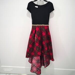 Bonnie Jean Girl's Short Sleeve Scuba-Knit Bodice/Plaid Satin High-Low Dress 16
